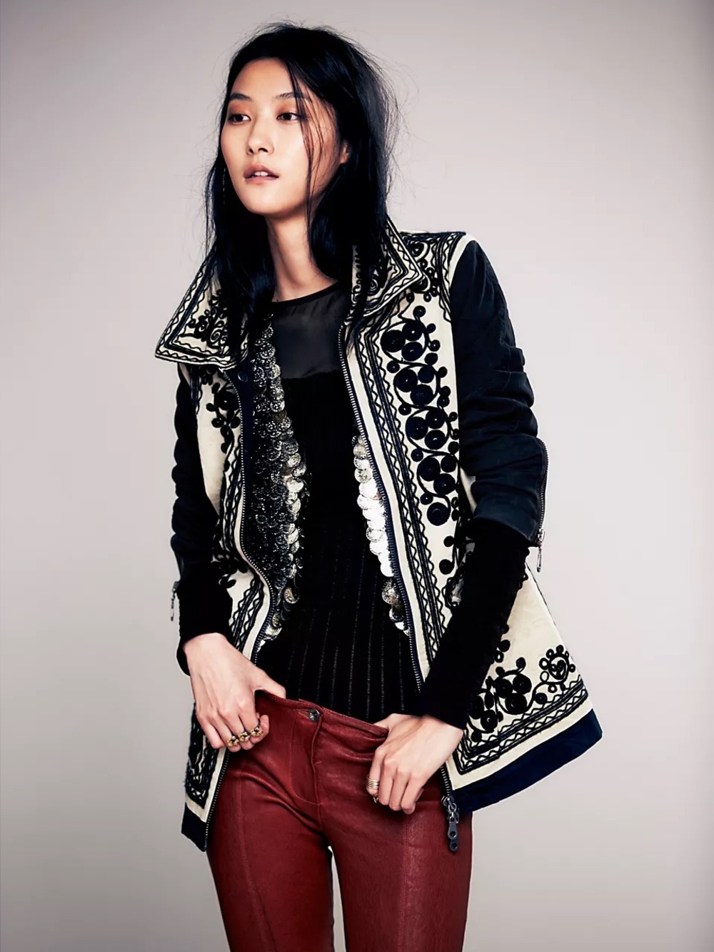 Free People Black & Cream Stitched Quills Embroidered‎ Jacket Sz. M